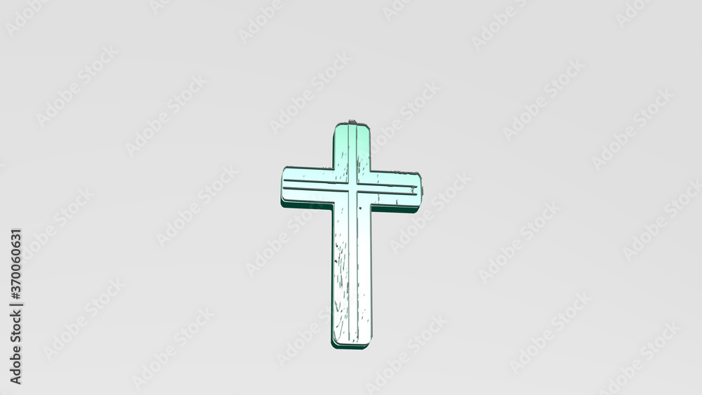 CHRISTIAN CROSS on the wall. 3D illustration of metallic sculpture over a white background with mild texture. church and architecture