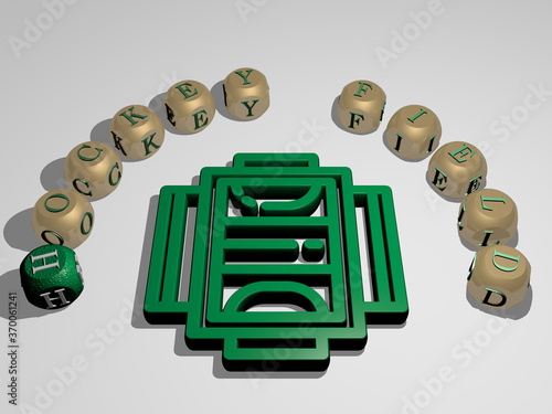 3D representation of HOCKEY FIELD with icon on the wall and text arranged by metallic cubic letters on a mirror floor for concept meaning and slideshow presentation. illustration and ice