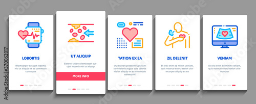 Hypertension Disease Onboarding Mobile App Page Screen Vector. Hypertension Ill And Treatment, Heart Research And Examination, Fitness Bracelet And Watch Illustrations