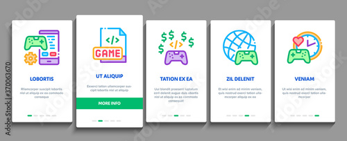 Video Game Development Onboarding Mobile App Page Screen Vector. Game Development, Coding And Design, Developing Phone App And Web Site Illustrations