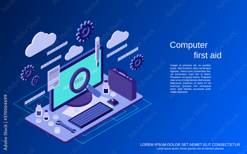 Computer service, repair, technical support, first aid flat 3d isometric vector concept illustration