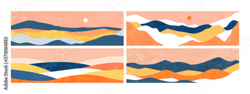Abstract mountain landscape illustration set on isolated background. Horizontal nature environment banner with sunset and minimalist textures for travel brochure or summer design concept.