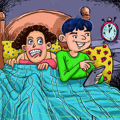 Jealous wife with husband too long with cellphone  at the bedroom