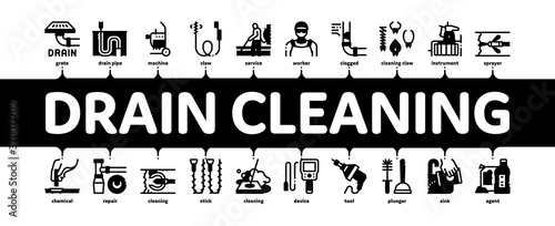 Drain Cleaning Service Minimal Infographic Web Banner Vector. Drain System Clean Equipment And Agent Cleanser, Worker Cleaner Plumber Illustration