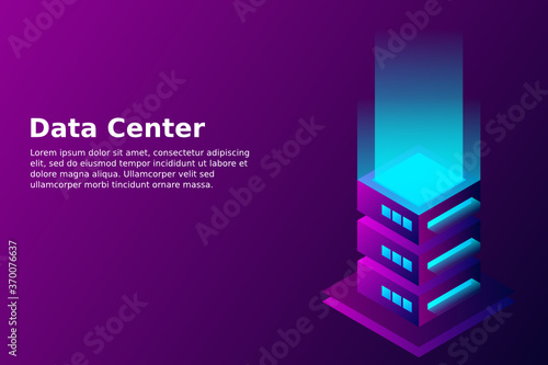 Datacenter isometric vector illustration. Abstract 3d hosting server or data center room background. Network or mainframe infrastructure website header layout. Computer storage or farming workstation.