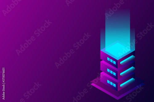 Datacenter isometric vector illustration. Abstract 3d hosting server or data center room background. Network or mainframe infrastructure website header layout. Computer storage or farming workstation.