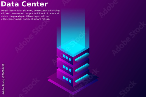 Datacenter isometric vector illustration. Abstract 3d hosting server or data center room background. Network or mainframe infrastructure website header layout. Computer storage or farming workstation.