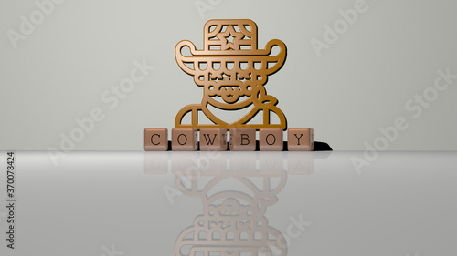 3D representation of COWBOY with icon on the wall and text arranged by metallic cubic letters on a mirror floor for concept meaning and slideshow presentation. illustration and hat photo