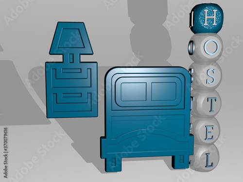 3D illustration of hostel graphics and text around the icon made by metallic dice letters for the related meanings of the concept and presentations. hotel and building