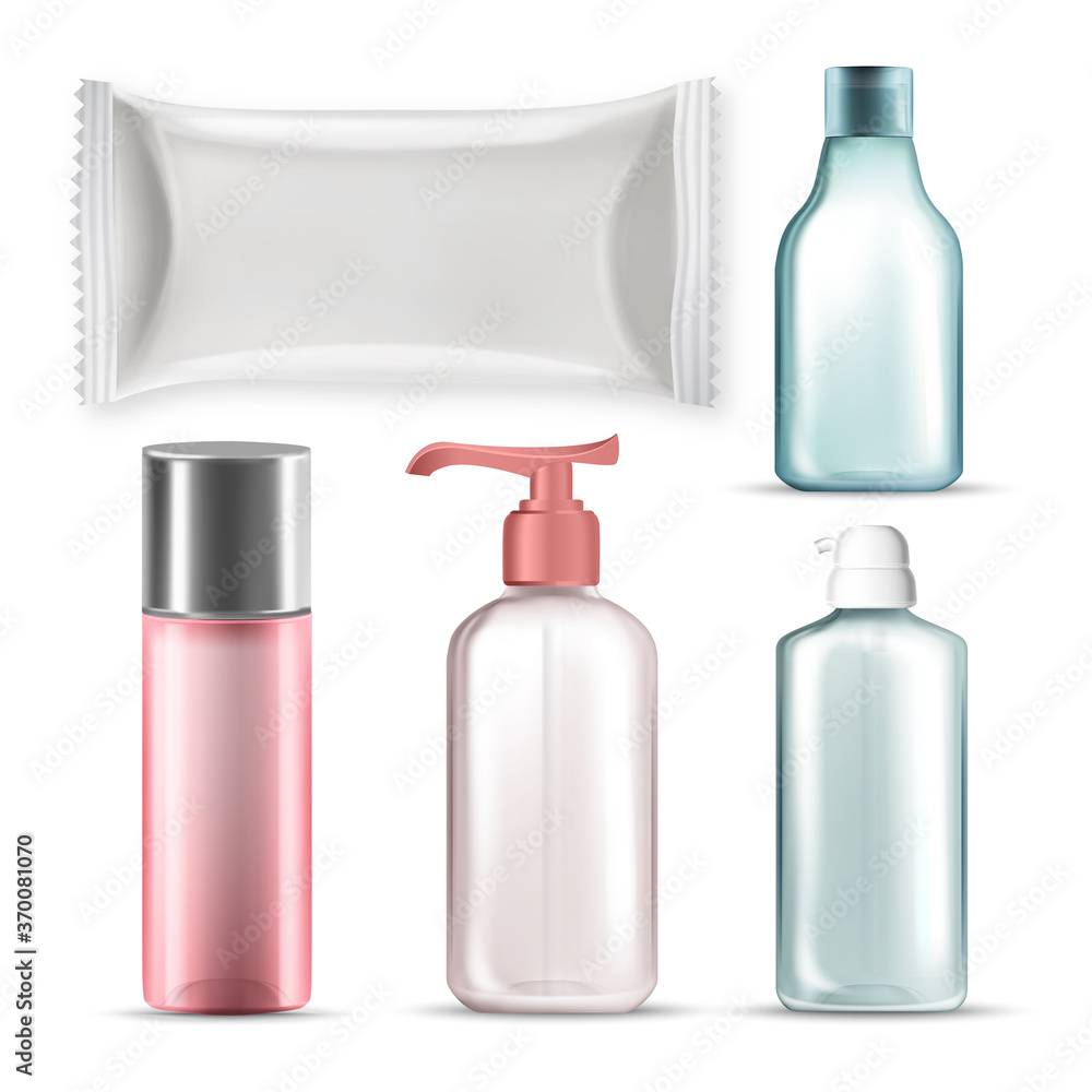 Bottles And Plastic Package Collection Set Vector. Different Blank Transparent Containers With Pump And Bottles For Cream, Gel Or Micellar Water. Cosmetic Packaging Template Realistic 3d Illustrations Bottles And Plastic Package Collection Set Vector. Different Blank Transparent Containers With Pump And Bottles For Cream, Gel Or Micellar Water. Cosmetic Packaging Template Realistic 3d Illustrations