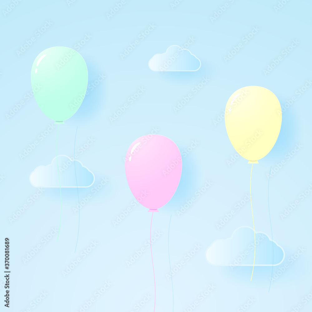 colorful pastel color balloons flying in the sky, paper art style