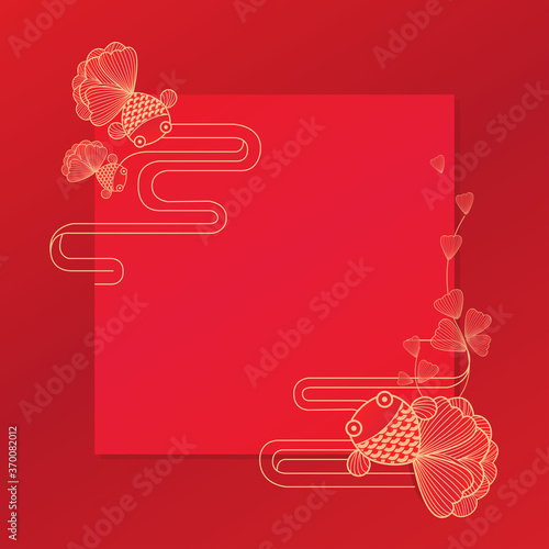 Vector line art of golden gold fishes with oriental pattern and frame.