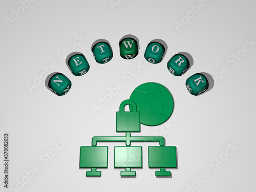 3D representation of network with icon on the wall and text arranged by metallic cubic letters on a mirror floor for concept meaning and slideshow presentation. illustration and background