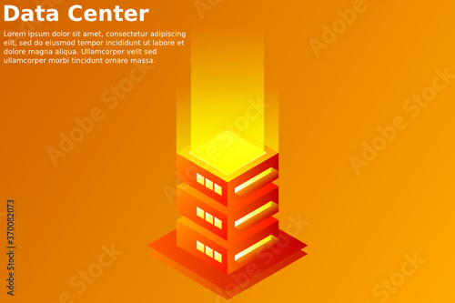 Datacenter isometric vector illustration. Abstract 3d hosting server or data center room background. Network or mainframe infrastructure website header layout. Computer storage or farming workstation.
