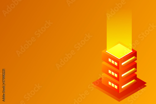 Datacenter isometric vector illustration. Abstract 3d hosting server or data center room background. Network or mainframe infrastructure website header layout. Computer storage or farming workstation.