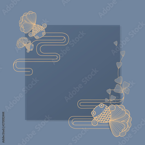 Vector line art of golden gold fishes with oriental pattern and frame.