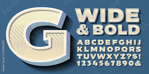 A Bold and Wide Vector Alphabet in a Retro Style. 3d Effects on Capital Letters. Extended Font with Gray Edges and Shadow Effects.