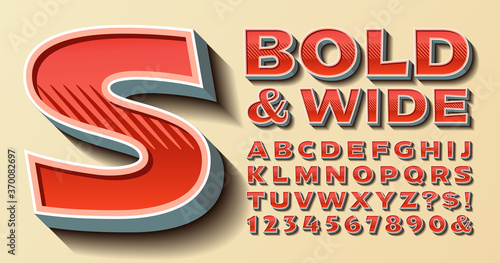 A Bold and Wide Vector Alphabet in a Retro Style. 3d Effects on Capital Letters. Extended Font with Gray Edges and Shadow Effects.