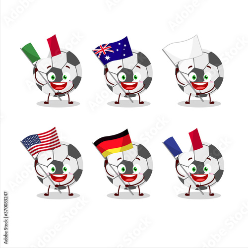 Soccer ball cartoon character bring the flags of various countries