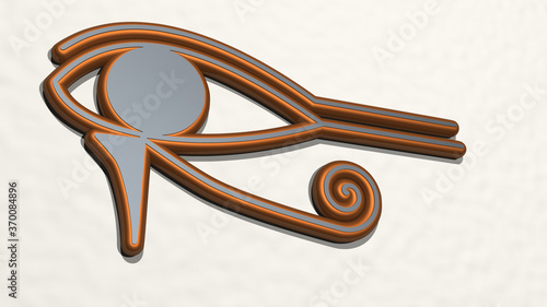 eye of Horus made by 3D illustration of a shiny metallic sculpture on a wall with light background. beautiful and black