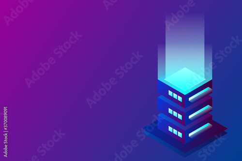 Datacenter isometric vector illustration. Abstract 3d hosting server or data center room background. Network or mainframe infrastructure website header layout. Computer storage or farming workstation.