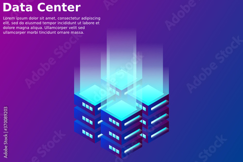 Datacenter isometric vector illustration. Abstract 3d hosting server or data center room background. Network or mainframe infrastructure website header layout. Computer storage or farming workstation.