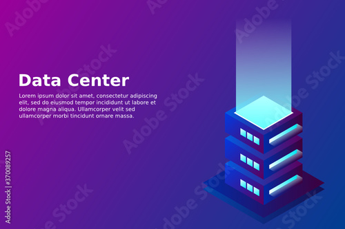 Datacenter isometric vector illustration. Abstract 3d hosting server or data center room background. Network or mainframe infrastructure website header layout. Computer storage or farming workstation.