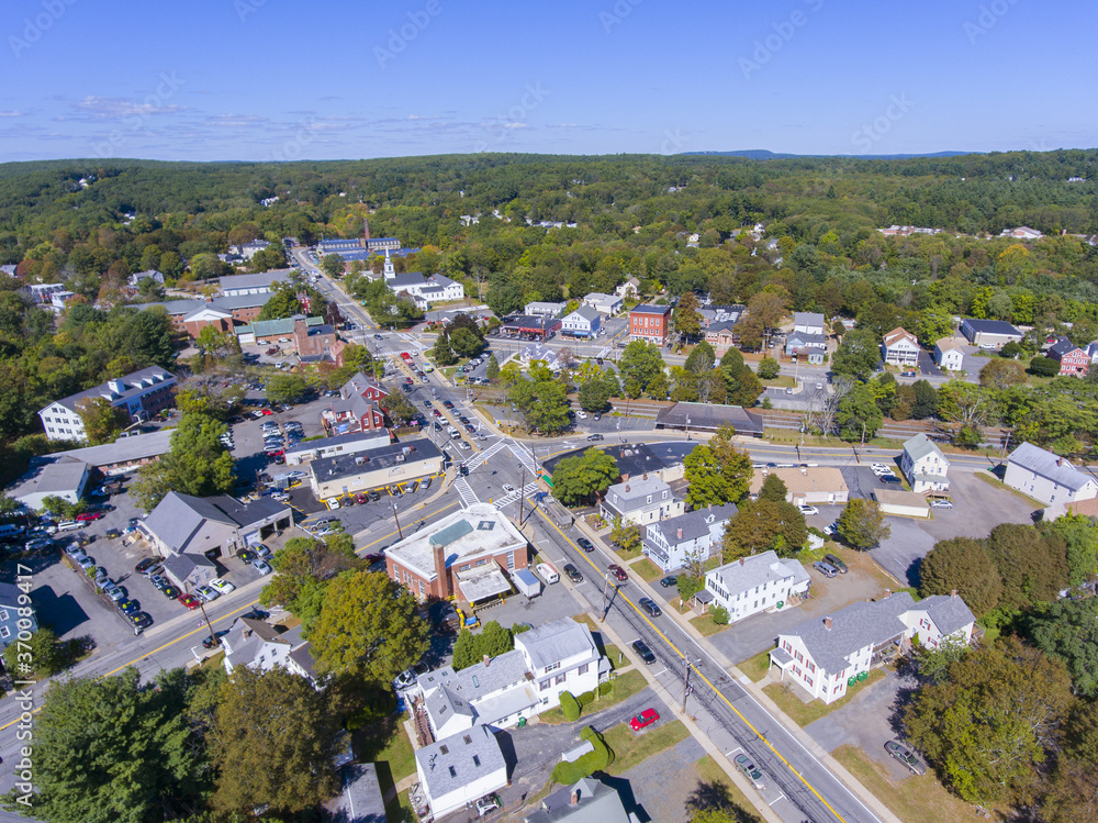 Ashland town center aerial view including Federated Church and Town Hall in Ashland, Massachusetts MA, USA.