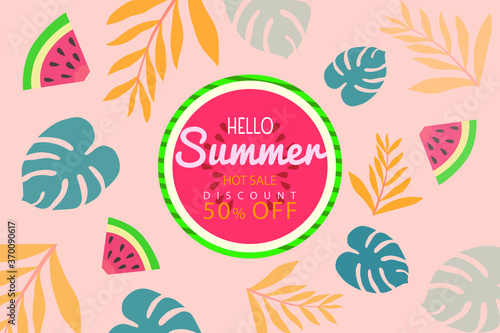 Summer background Vector illustration. 50% off sale banner template. design with white circle for text and colorful summer food and leaves element discount web poster and advertising. © UnicStyles