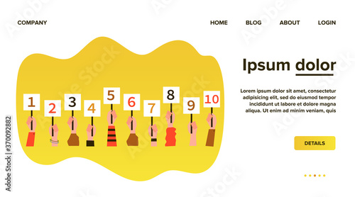 Jury showing cards with amount of scores. Collection of scorecards in human hands, competition judges giving evaluation. Vector illustration for contest, feedback, game, vote concept