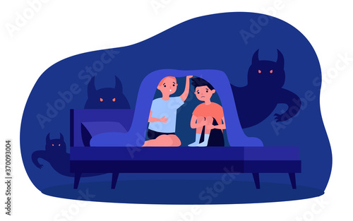 Children nightmares and fears. Two scared kids afraid of ghosts and hiding in bed under blanket at night. Vector illustration for fright, monsters, imagination concept