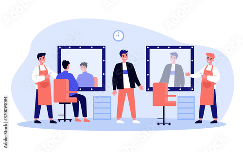 Happy hairdressers standing at chairs and working with their male clients. Young men visiting barbershop. Vector illustration for haircut, parlor, hairdressing salon concept