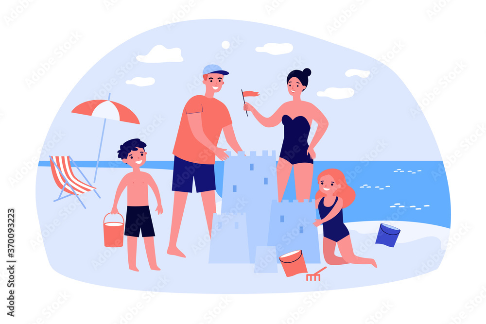 Happy family with children enjoying vacation on sea beach. Parents and kids building sand castle. Vector illustration for playing together, sandcastle, summer activities concept