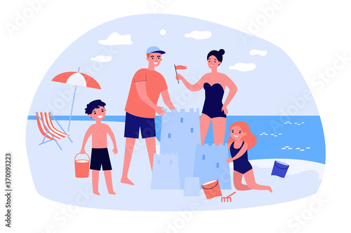 Happy family with children enjoying vacation on sea beach. Parents and kids building sand castle. Vector illustration for playing together, sandcastle, summer activities concept