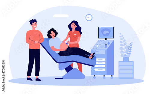 Expecting couple visiting doctor for ultrasound test. Sonographer using scanner for pregnant woman examination. Vector illustration for sonography, pregnancy, consultation concept