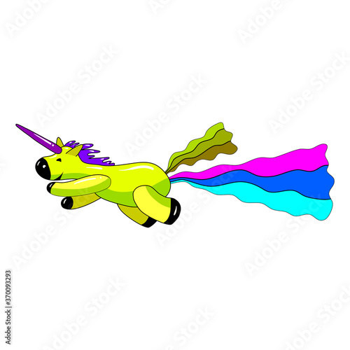 Unicorn pooping a rainbow, fantasy cute character beast multicolored shit turd. Vector illustration isolated cartoon style