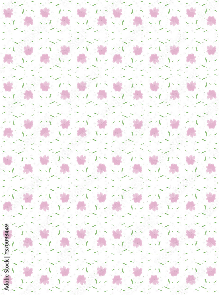 Fancy pattern of purple flowers with small green leaves Fancy pattern of purple flowers with small green leaves