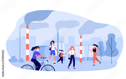 Urban air pollution. People wearing masks walking past smoking industrial plant pipes. Vector illustration for smog, dust emissions, bad environment, coronavirus concept