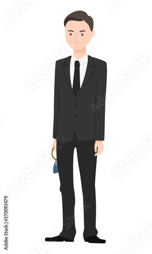喪服を着て葬儀に出る男性のイラスト。