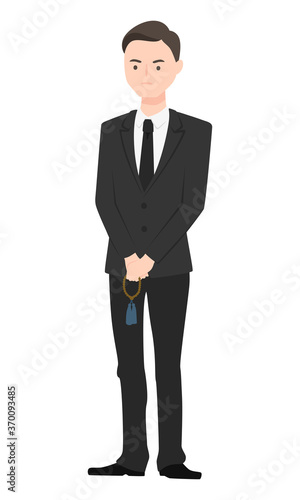 数珠を持って葬儀に出る喪服姿の男性のイラスト。