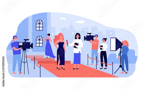 Reporter interviewing famous celebrity on red carpet. Cameramen filming movie stars at award show. Vector illustration for premier night, movie festival, celebrities party concept