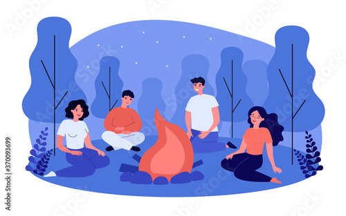 Happy people sitting at campfire at night. Group of friends gathering around fire in woods and talking. Vector illustration for summer camping, scary story telling, leisure time outdoors concept