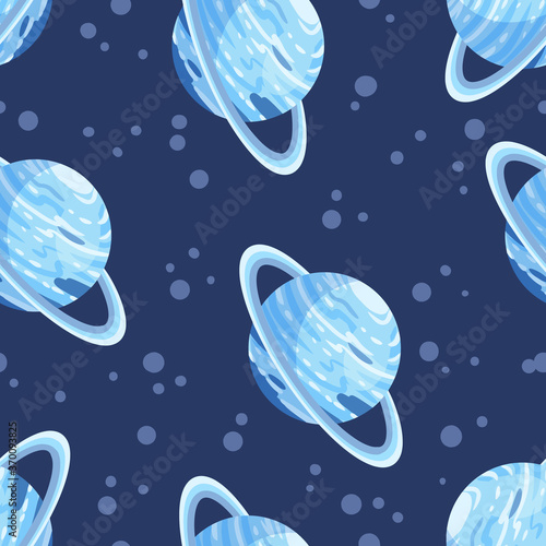 Uranus abstract seamless space pattern background with planets with rings. Solar system planets children wallpaper texture tile. Vector stock image