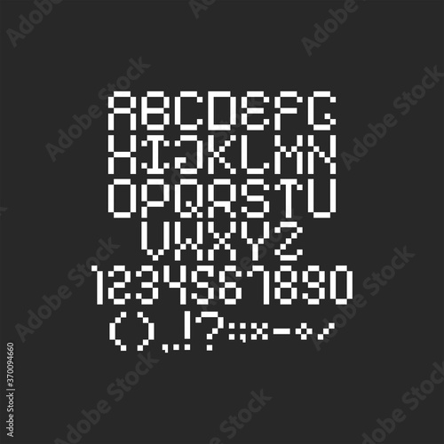 Pixel font 8-bit style with numbers and special symbols, square and rectangular pixels shape, 80s 90s retro game or app type