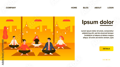 Office workers in yoga group flat vector illustration. Cartoon business people sitting in spiritual pose for meditation. Mindfulness and work concept