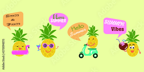 Cartoon Pineapple Summer fruits Vector illustration. typography, t-shirt graphics, Tropical, love, vibes, sun and fun, hello summer character flat icon isolated on white