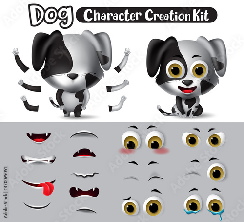 Dog characters creation vector set. Dogs character dalmatian animals editable create eyes, mouth and body kit with different feelings, pose  and gestures for animal collection design.