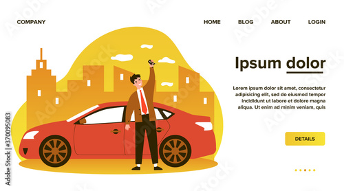 Happy young man leasing car flat vector illustration. Driver holding in hand keys to his new vehicle. Dealer making presentation for modern auto. Transport and lease concept