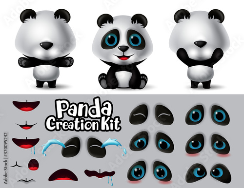 Panda animals character creation vector set. Pandas animal characters editable eyes and mouth create kit with different expression and emotion for cartoon collection design. Vector illustration