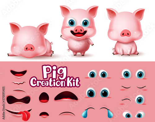 Pigs animal characters creation vector set. Pig animals character eyes and mouth editable create kit in cute expression and emotion for piggy piglet cartoon collection design. Vector illustration